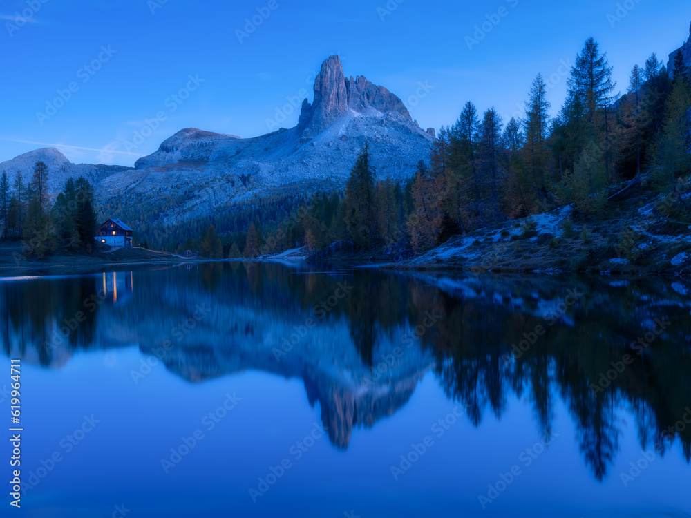 Lago Federa, Dolomite Alps, Italy. High mountains and reflection on the surface of the lake. A place