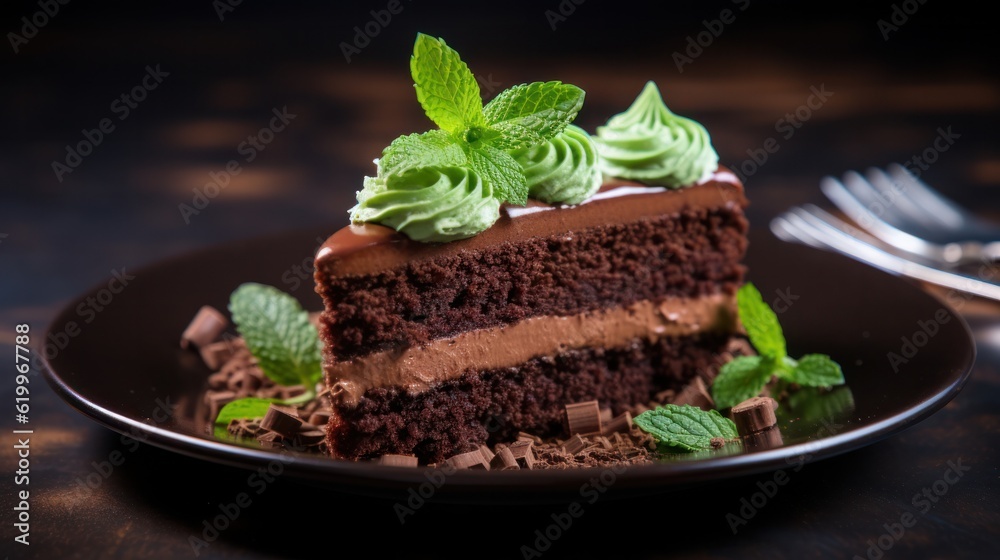 Chocolate cake with mint. Illustration AI Generative.