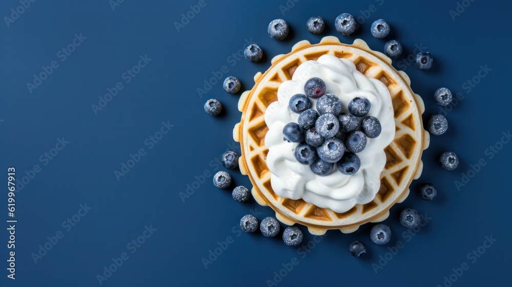 Beigian waffles with blueberries. Illustration AI Generative