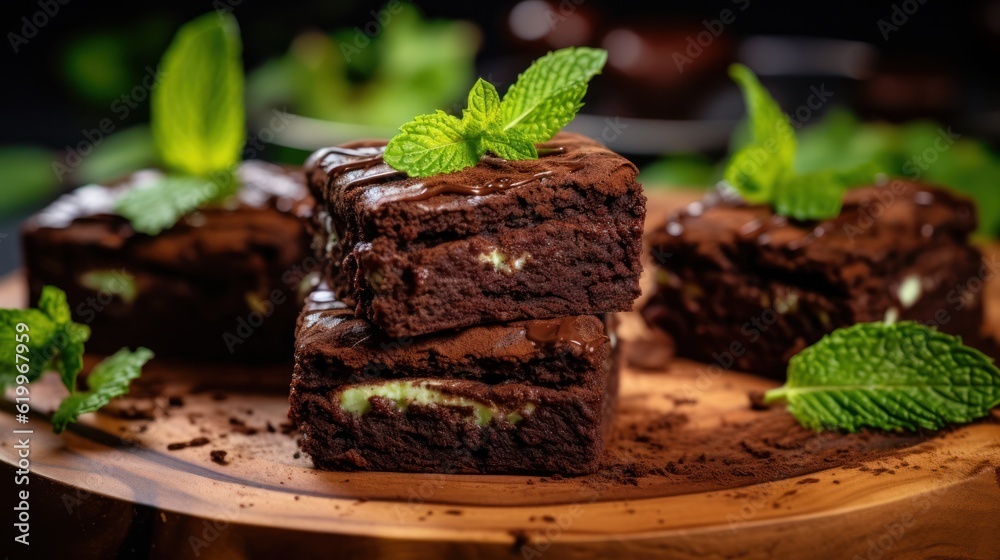 Chocolate cake with mint. Illustration AI Generative.