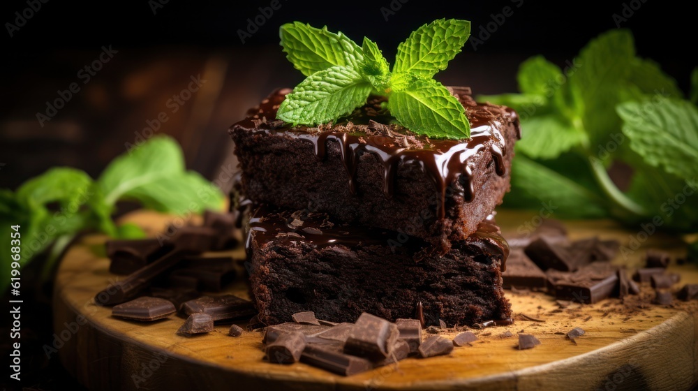 Chocolate cake with mint. Illustration AI Generative.