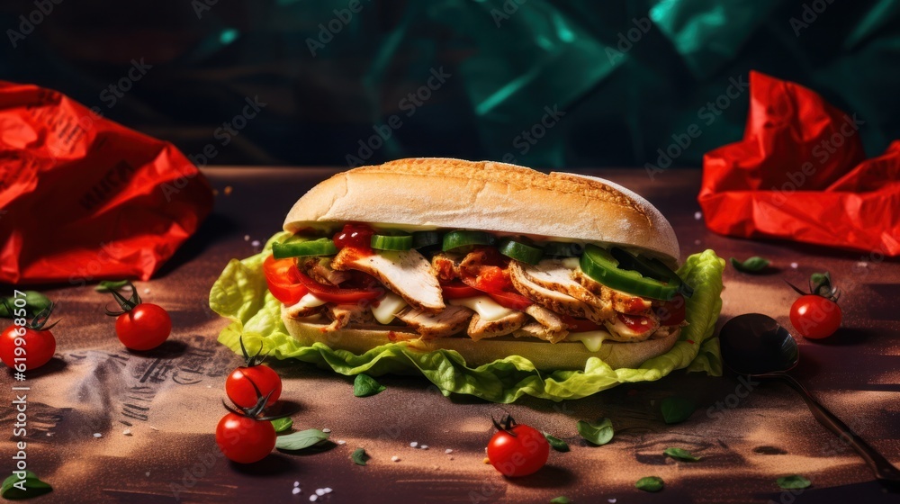 From above appetizing sandwich with grilled chicken Illustration AI Generative.