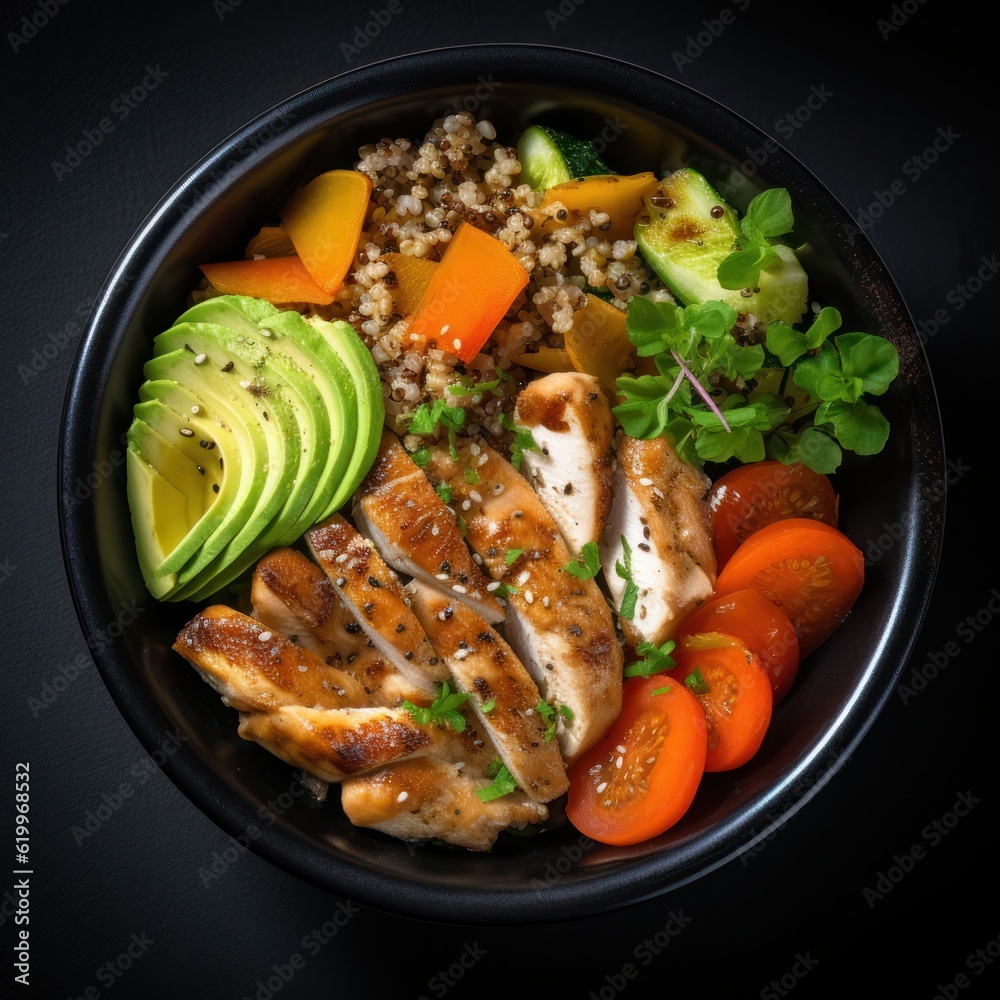 Buckwheat, pumpkin, chicken fillet, avocado, carrots in bowl. Illustration AI Generative.