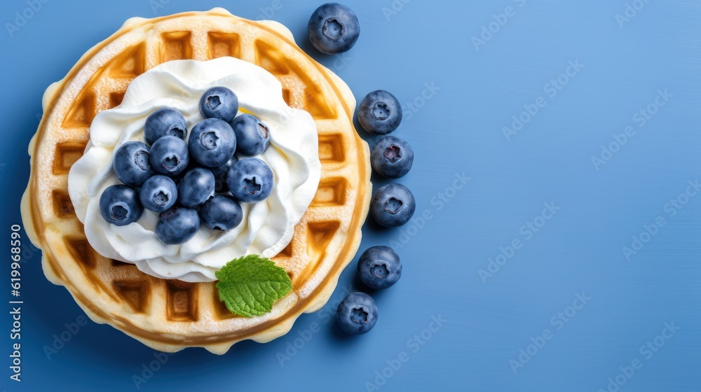 Beigian waffles with blueberries. Illustration AI Generative