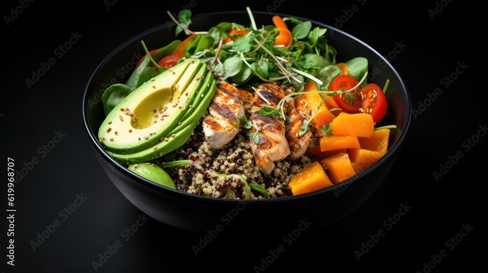 Buckwheat, pumpkin, chicken fillet, avocado, carrots in bowl. Illustration AI Generative.