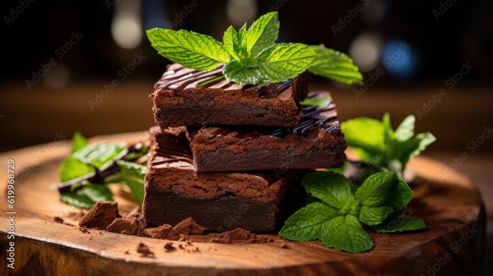 Chocolate cake with mint. Illustration AI Generative.