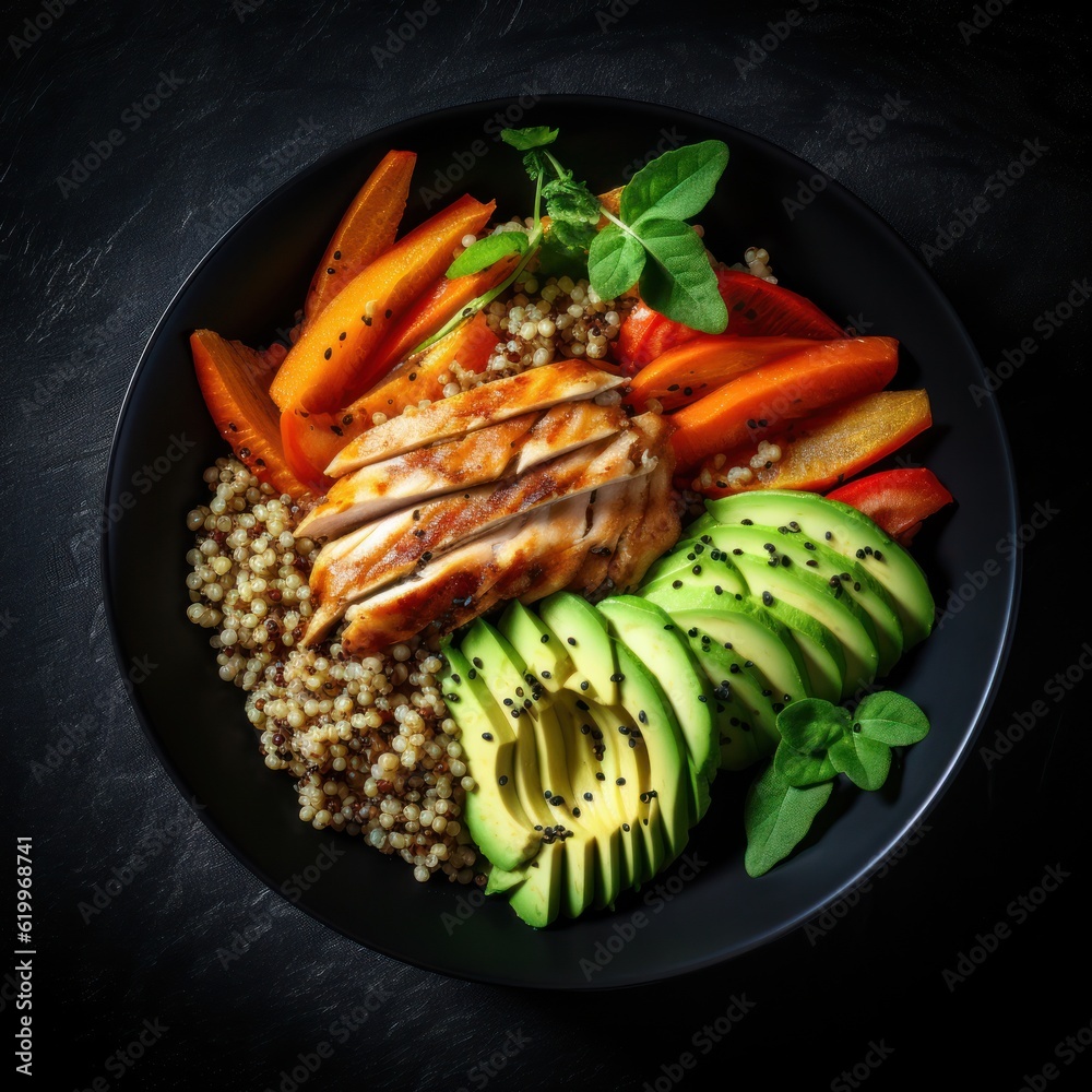 Buckwheat, pumpkin, chicken fillet, avocado, carrots in bowl. Illustration AI Generative.