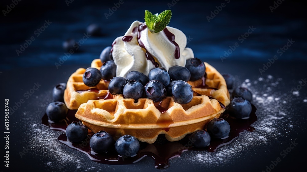 Beigian waffles with blueberries. Illustration AI Generative