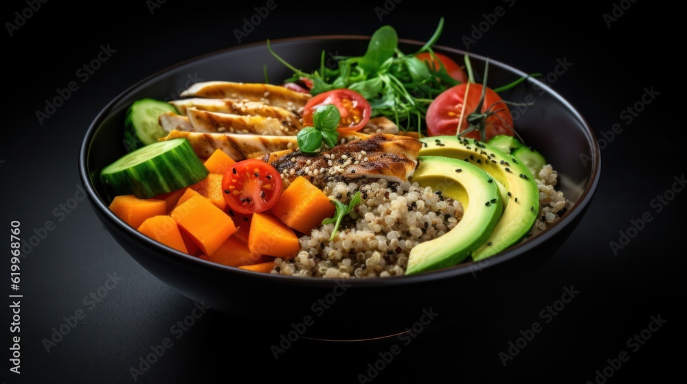 Buckwheat, pumpkin, chicken fillet, avocado, carrots in bowl. Illustration AI Generative.