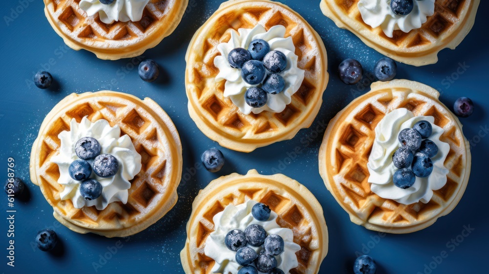 Beigian waffles with blueberries. Illustration AI Generative