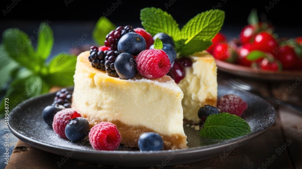 Cheesecake with berries. Illustration AI Generative