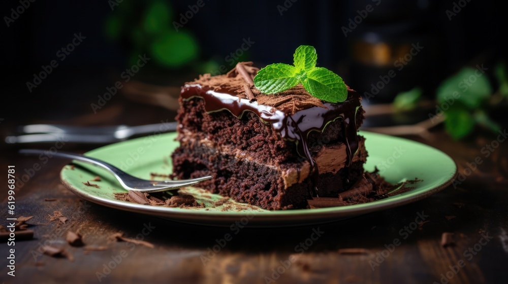 Chocolate cake with mint. Illustration AI Generative.