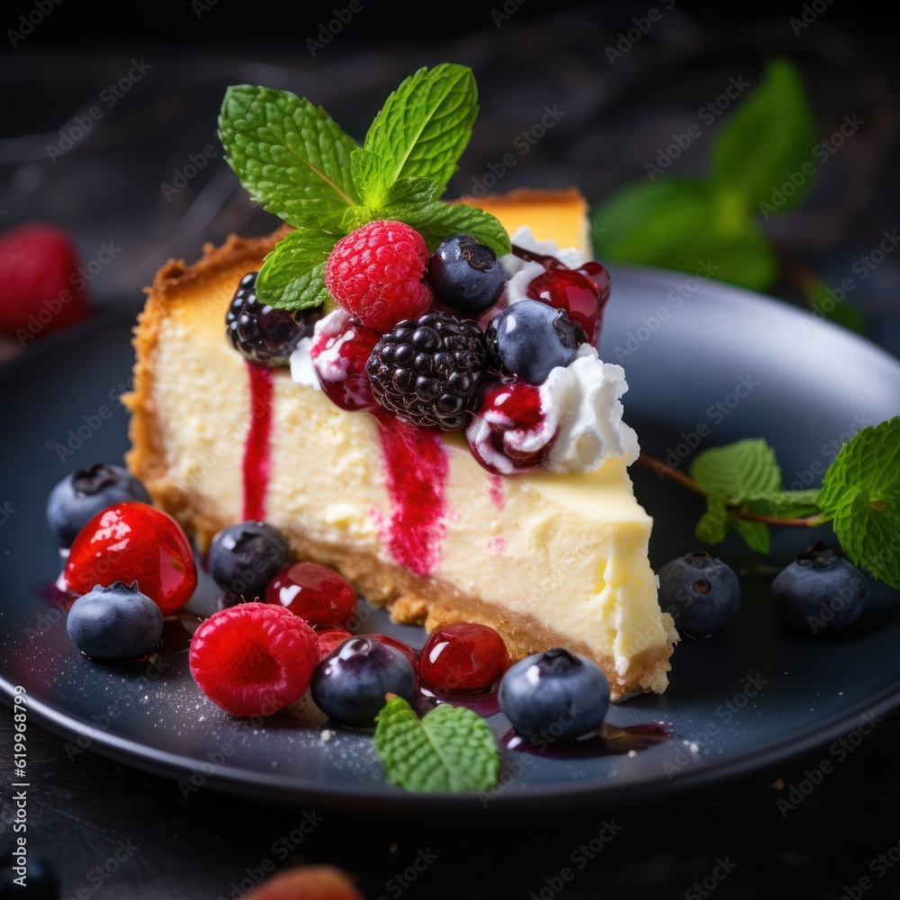 Cheesecake with berries. Illustration AI Generative