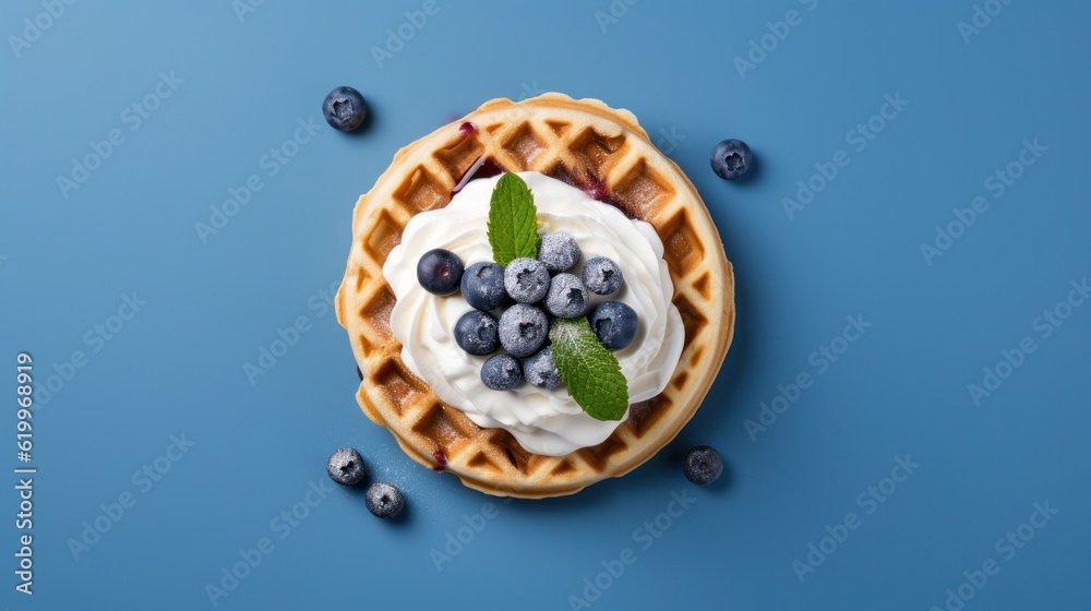 Beigian waffles with blueberries. Illustration AI Generative