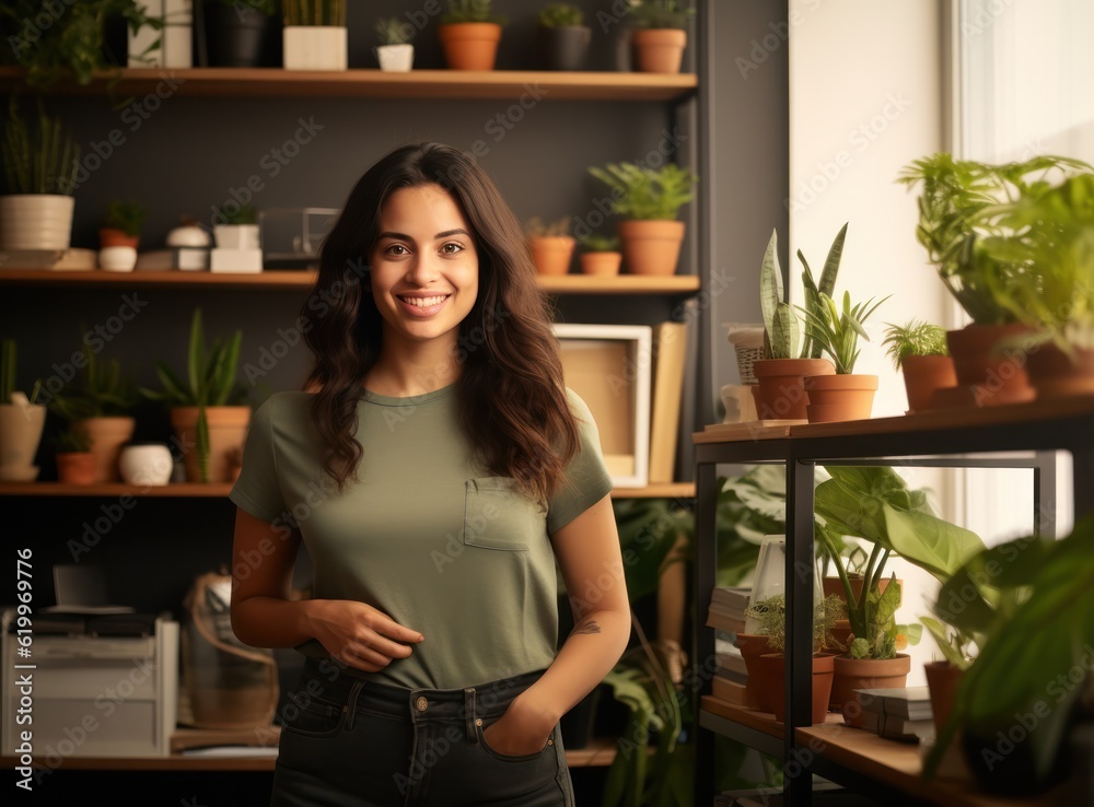 Girl in office with plants. Illustration AI Generative