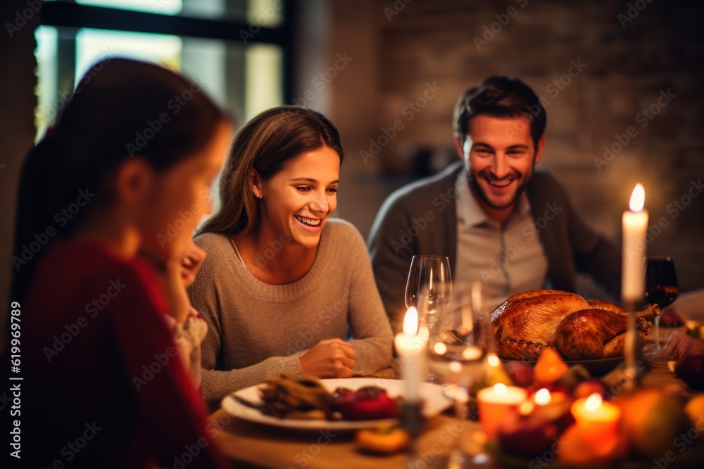 Hapy family on Thanksgiving dinner. Illustration AI Generative.