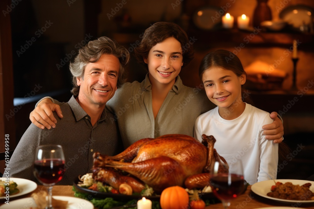 Hapy family on Thanksgiving dinner. Illustration AI Generative.