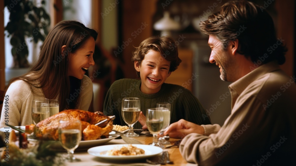 Hapy family on Thanksgiving dinner. Illustration AI Generative.