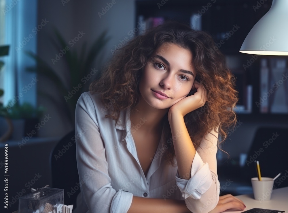 Young woman in office. Illustration AI Generative.