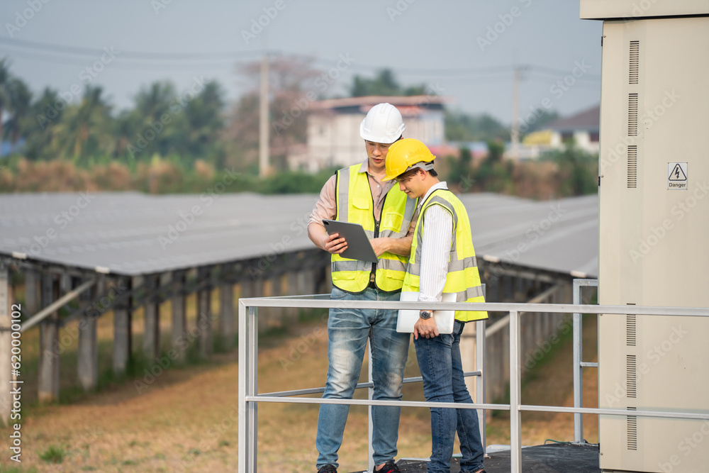 Professional engineer work to maintenance of photovoltaic panel system. 