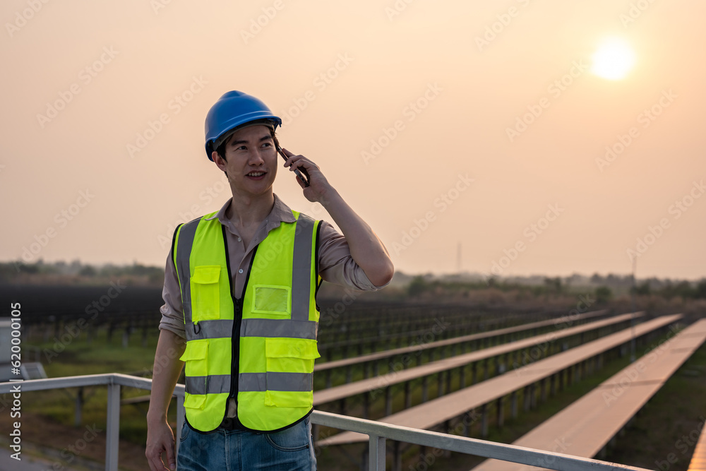 Asian young engineer talking on phone while work at solar cell field. 