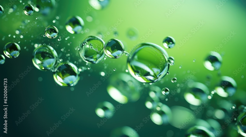 Green background with droplets on the surface. With drops of transparent beauty gel on green backgro