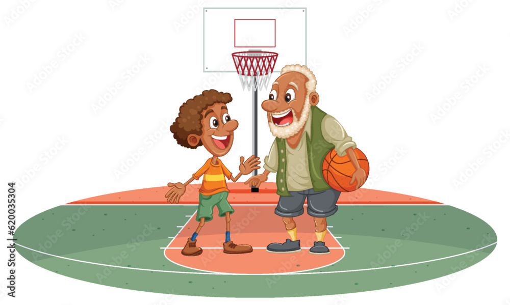 People with different age playing basketball together