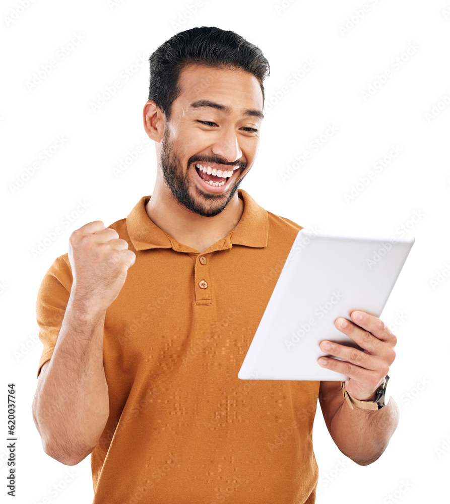 Tablet news, winner or happy man with success, goals or bonus isolated on transparent png background