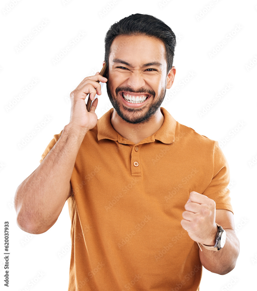 Man, phone call and winning news with fist pump, yes to success and happy on transparent png backgro