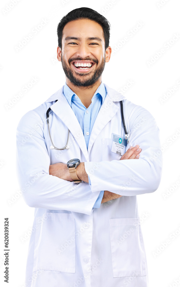 Happy, doctor and portrait of man with crossed arms on isolated, PNG and transparent background. Hea