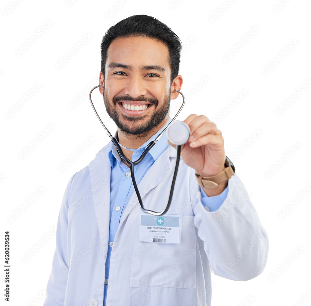 Stethoscope, doctor and happy portrait of man on isolated, PNG and transparent background. Healthcar