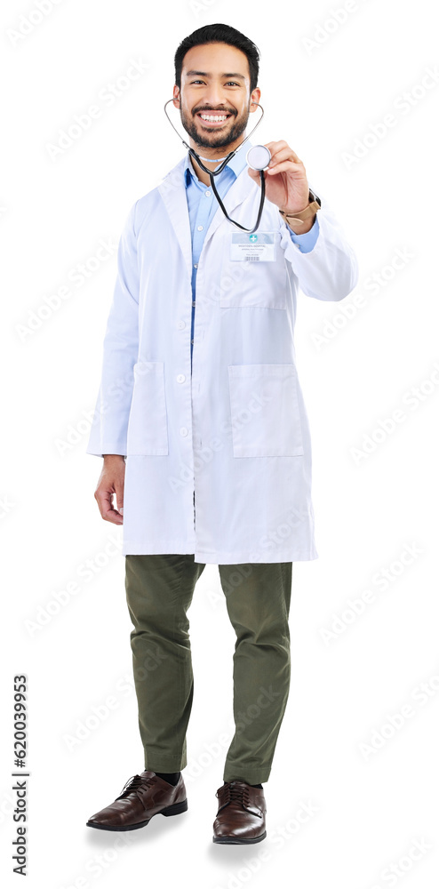 Man, doctor and portrait with stethoscope, smile and cardiovascular health isolated on transparent P