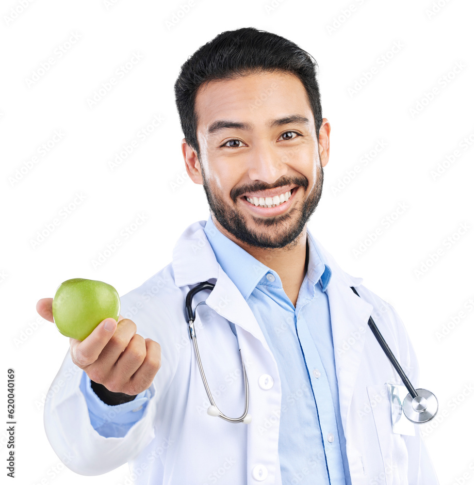 Apple, doctor and nutrition with portrait of man on png for health, medical and diet. Healthcare, me