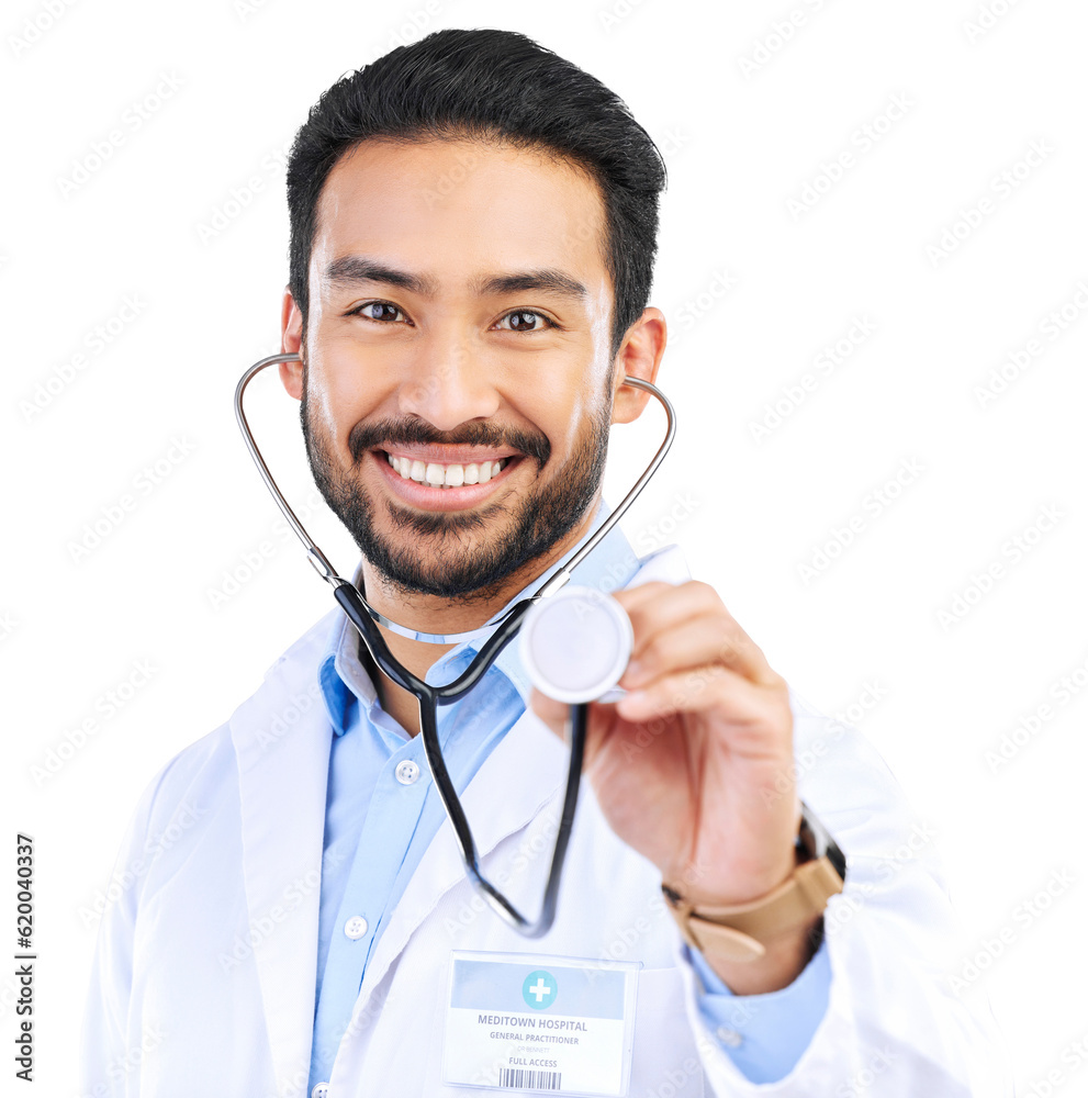 Healthcare, doctor and portrait of man with stethoscope on isolated, PNG and transparent background.