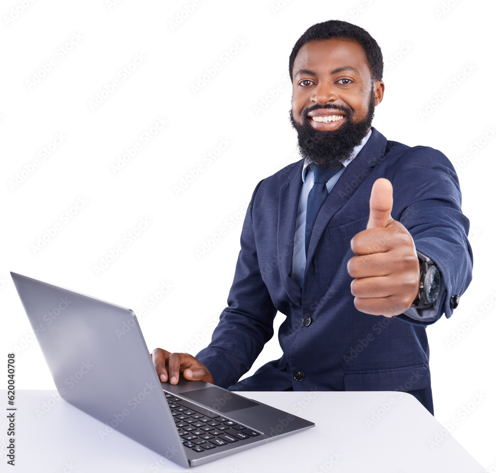 Isolated business man, thumbs up and laptop for success, vote and portrait with review by transparen