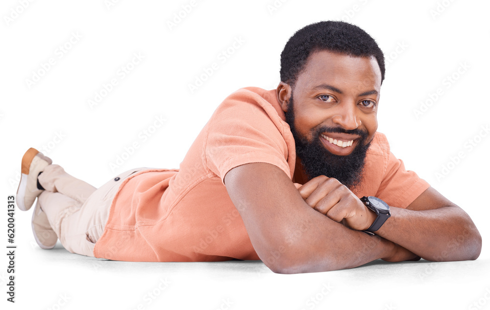 Happy portrait, black man and lying on a floor isolated on a transparent png background. Smile, rela