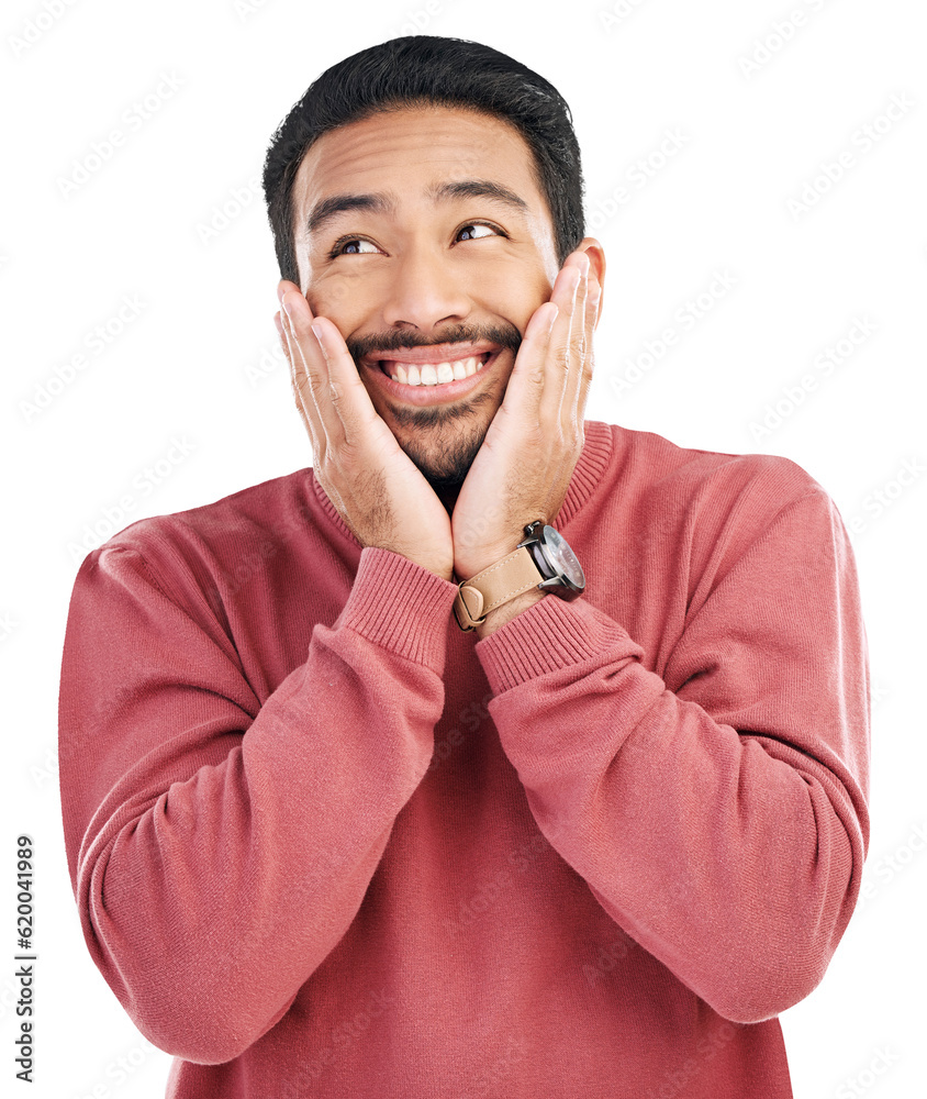 Happy, surprise and hands on face of asian man on isolated, transparent and png background. Good new