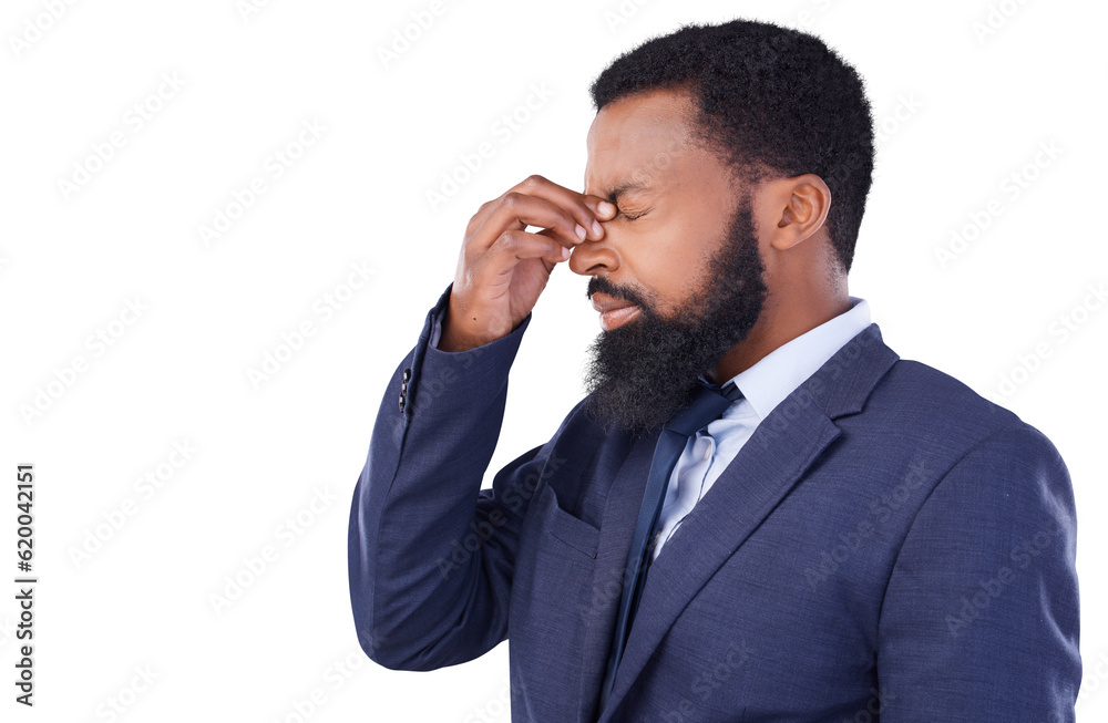 Business, headache and black man with stress, anxiety and debt isolated on a transparent background.