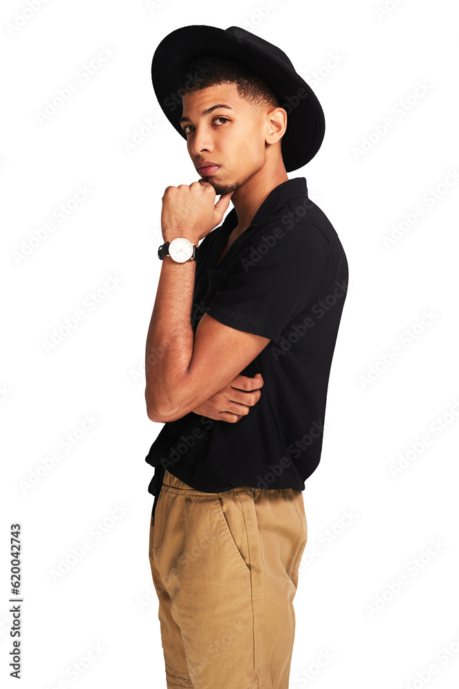 Portrait, fashion and man with hat posing on isolated, transparent or png background. Face, confiden