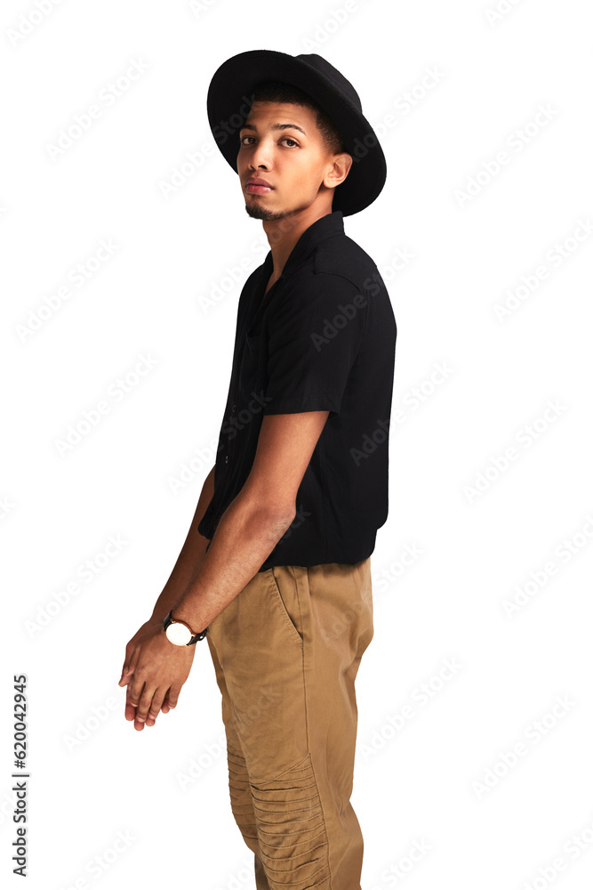 Portrait, fashion and handsome man with hat isolated on a transparent png background. Serious, young