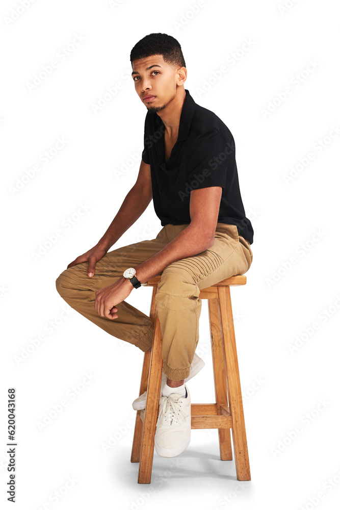 Portrait, fashion and serious man on chair isolated on a transparent png background. Style, confiden