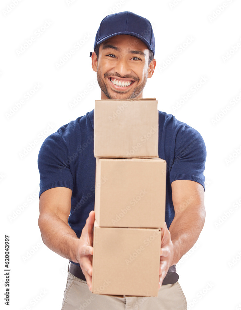 Delivery man, portrait and shipping export with boxes, happiness and employee isolated on a transpar