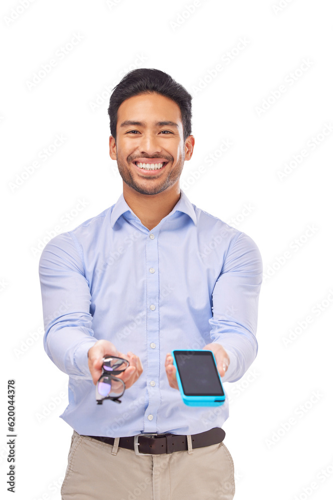 Payment, glasses and optometrist with portrait of man on png for shopping, retail or healthcare. Oph