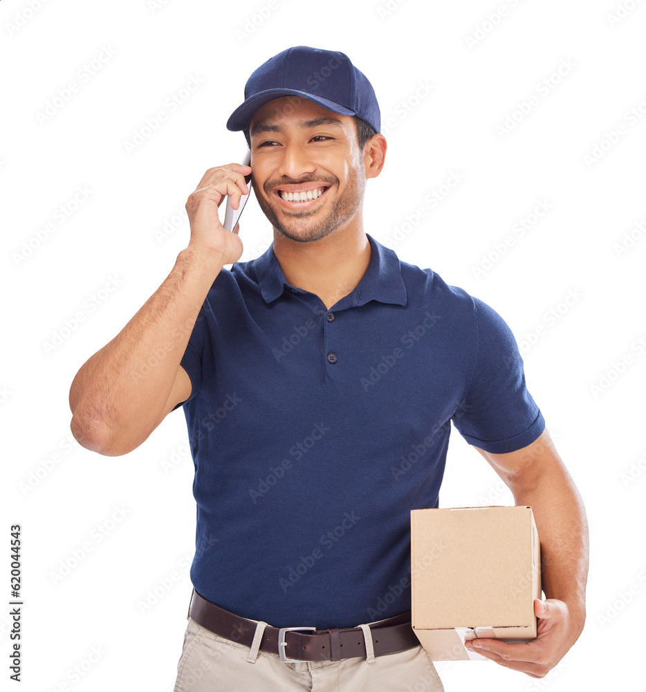 Phone call, delivery man and courier happy with a package for ecommerce and talking on mobile. Shipp