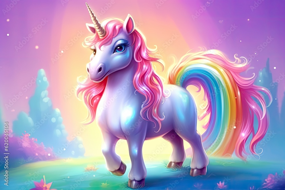 Cartoon, Cute magical unicorn and raibow. Generative Ai