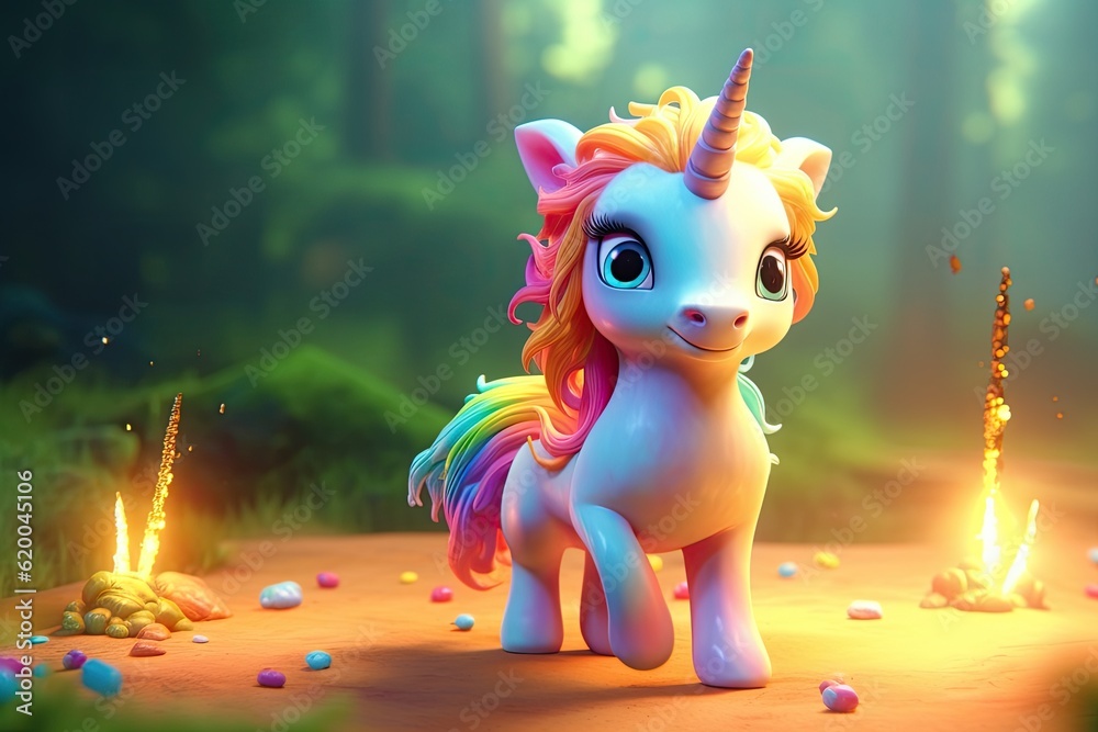 Cartoon, Cute magical unicorn and raibow. Generative Ai