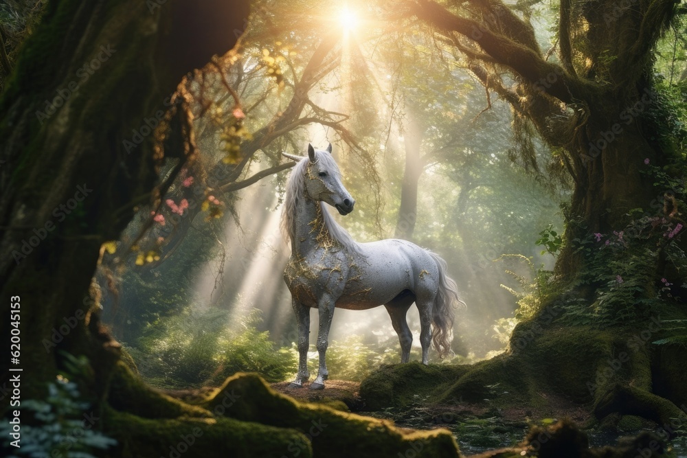 A unicorn, Beautiful unicorn in a magical forest magic. Generative Ai