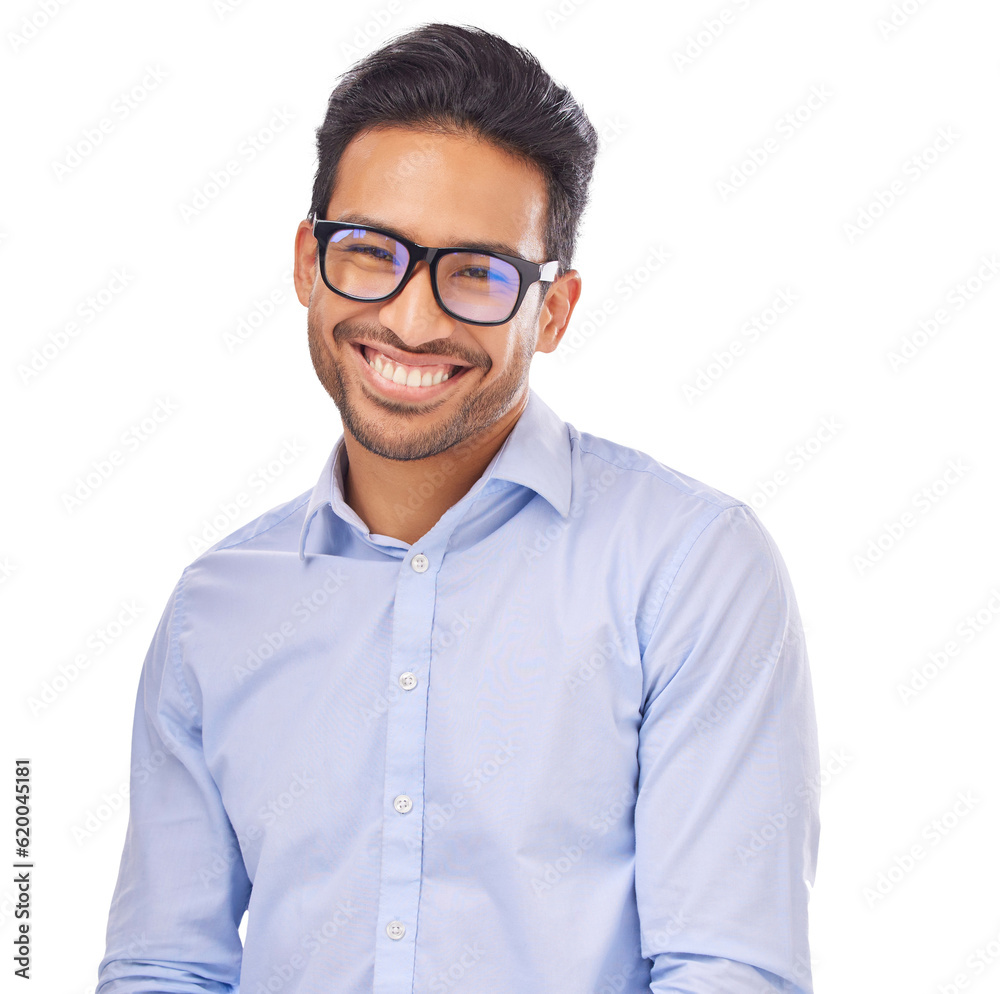 Portrait, smile and asian man with glasses for optometry on transparent, isolated and png background