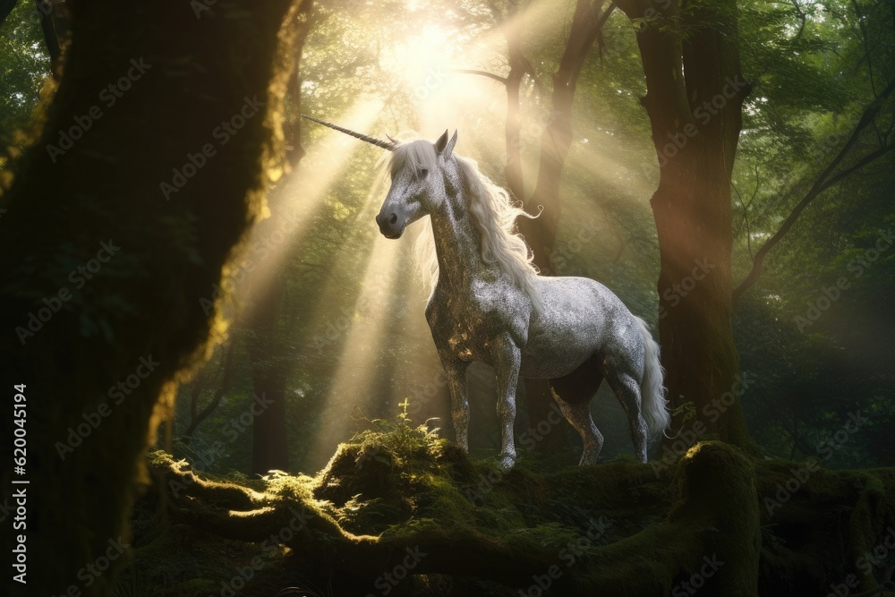 A unicorn, Beautiful unicorn in a magical forest magic. Generative Ai