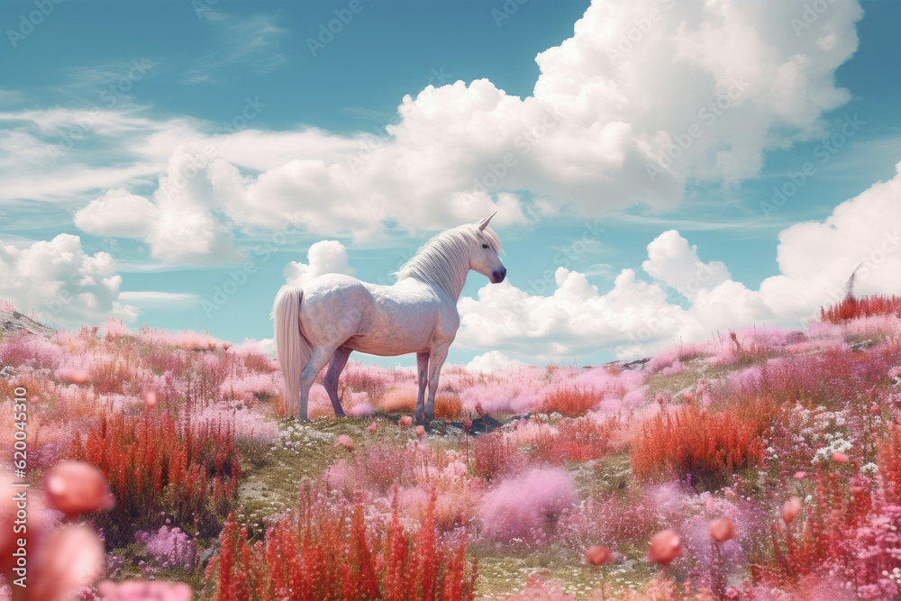 A unicorn, Magic unicorn in fantastic world with fluffy clouds and fairy meadows. Generative Ai